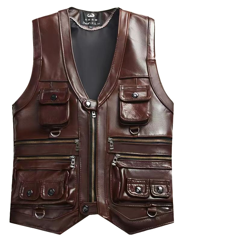 Chaleco de cuero genuino de va - Motorcycle Gear Vest reseña y precio