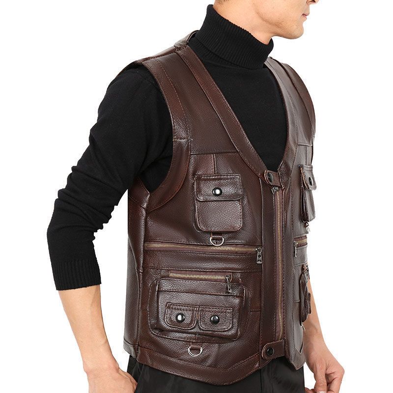 Chaleco de cuero genuino de pi - Motorcycle Gear Vest reseña y precio