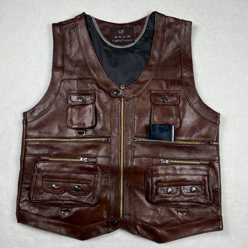 Chaleco de cuero genuino de pi - Motorcycle Gear Vest reseña y precio